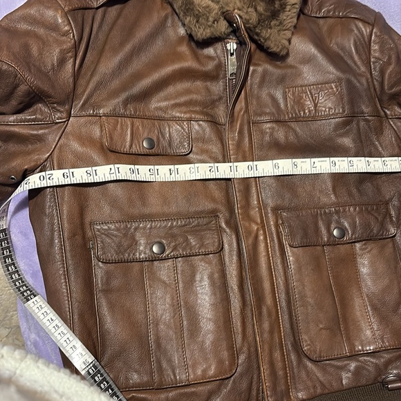 Brown Leather Bomber Jacket with Fleece Collar - Picture 13 of 16